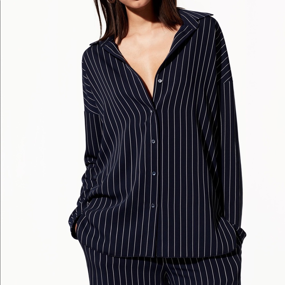 Aritzia Navy Striped Button Down Shirt